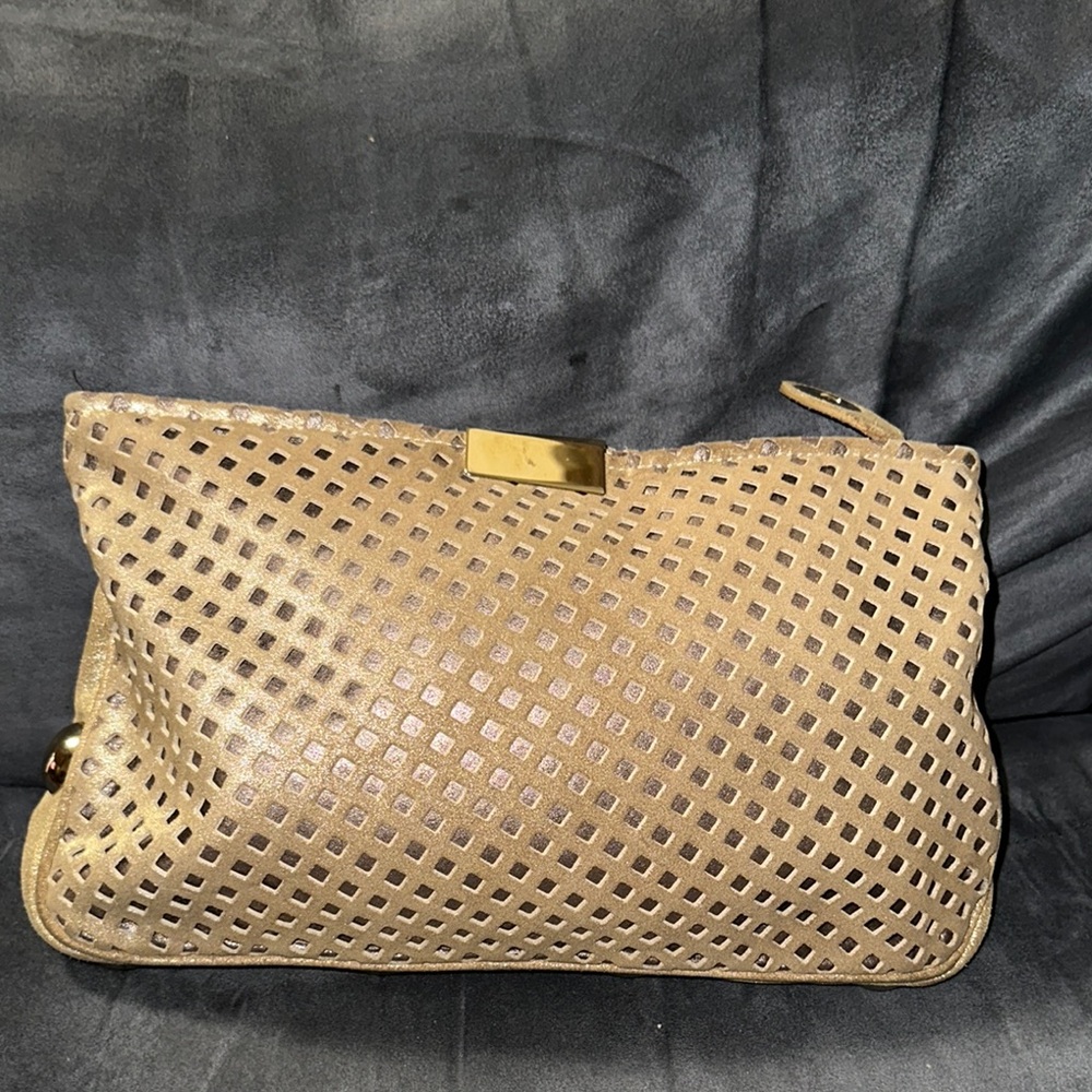 Jimmy Choo Gold Shimmer Perforated Suede Clutch with Gold Hardware - Picture 4 of 5